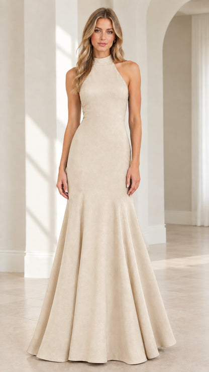 Front view of model wearing Champagne beige halter neck evening gown