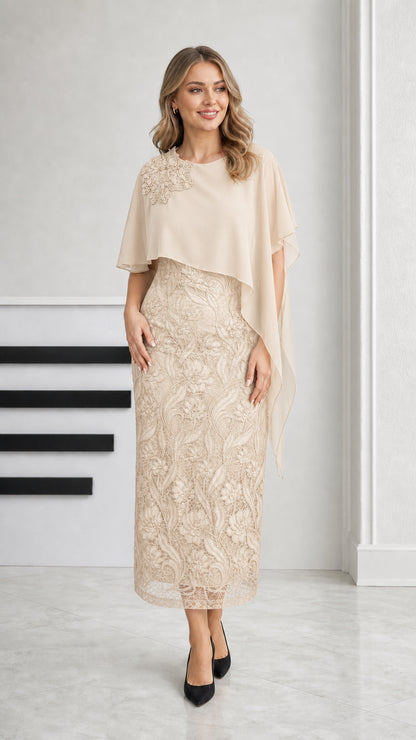 Champagne beige mother of the bride lace midi dress with chiffon cape