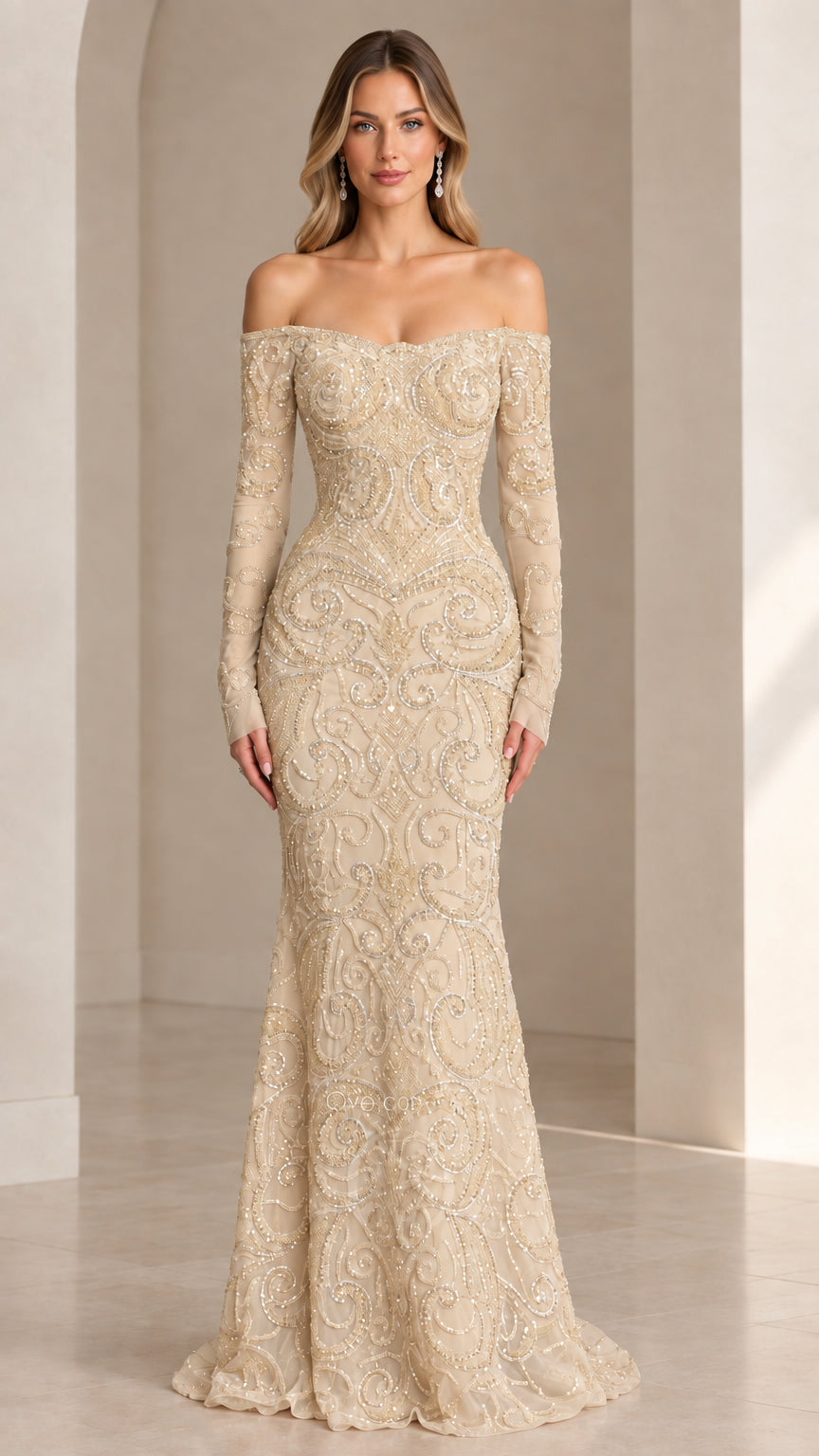 Front view of champagne gold beaded off-the-shoulder evening gown