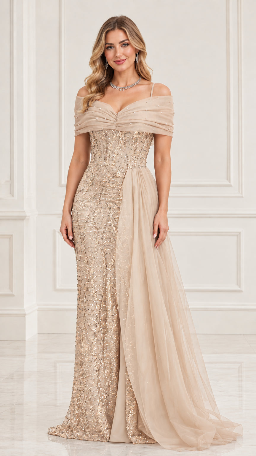 Model wearing champagne gold sequin off-the-shoulder formal gown