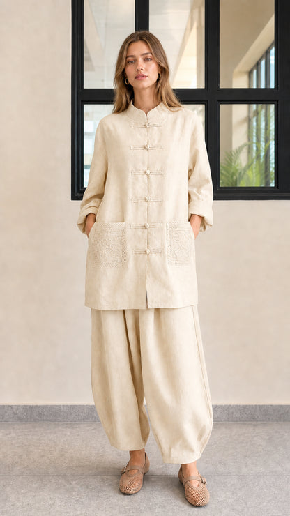 Front view of cream off-white casual linen blend tunic and lantern pants set