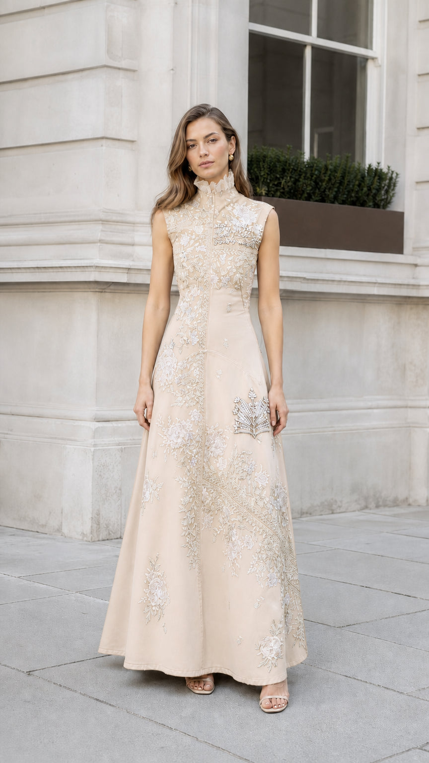 Front view of beige embroidered maxi dress