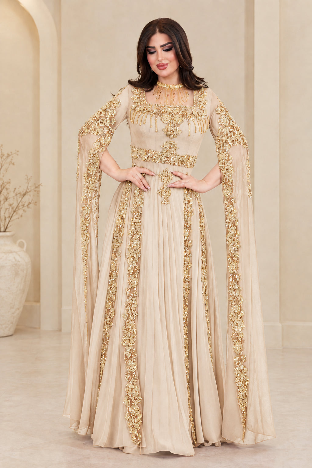 Champagne beige gold embroidered formal cape maxi dress