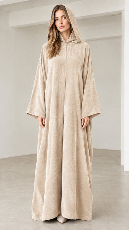Beige cream hooded long sleeve relaxed maxi dress