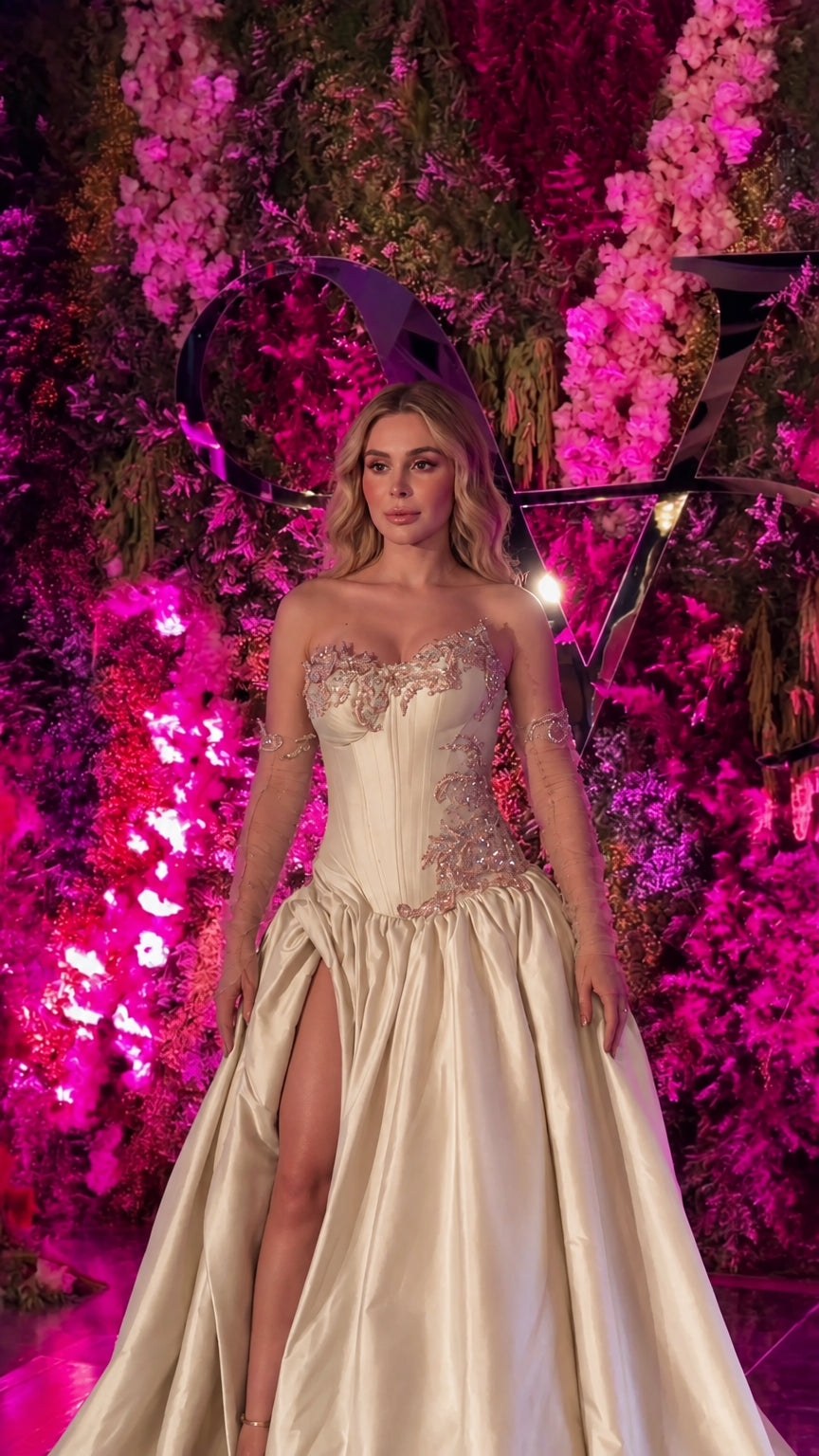 Front view of champagne ivory strapless corset ballgown with silver embroidery