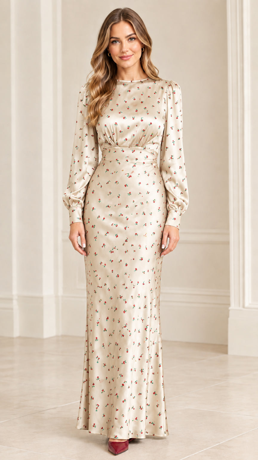 Front full-length view of champagne satin floral maxi dress