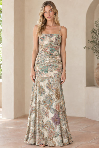 Front view of cream multi floral ruched spaghetti strap maxi dress