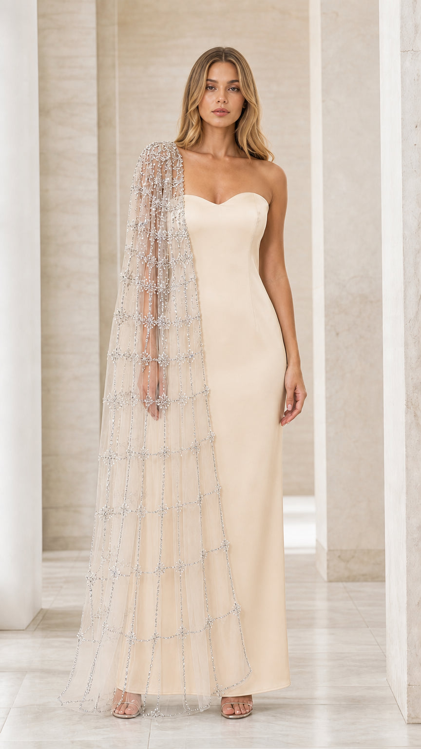 Model wearing champagne ivory strapless column dress with sparkling sheer cape