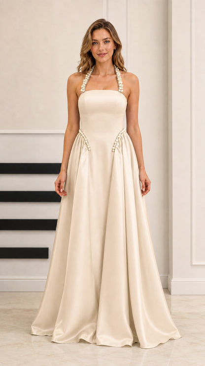 Champagne ivory satin halter formal gown with pearl accents