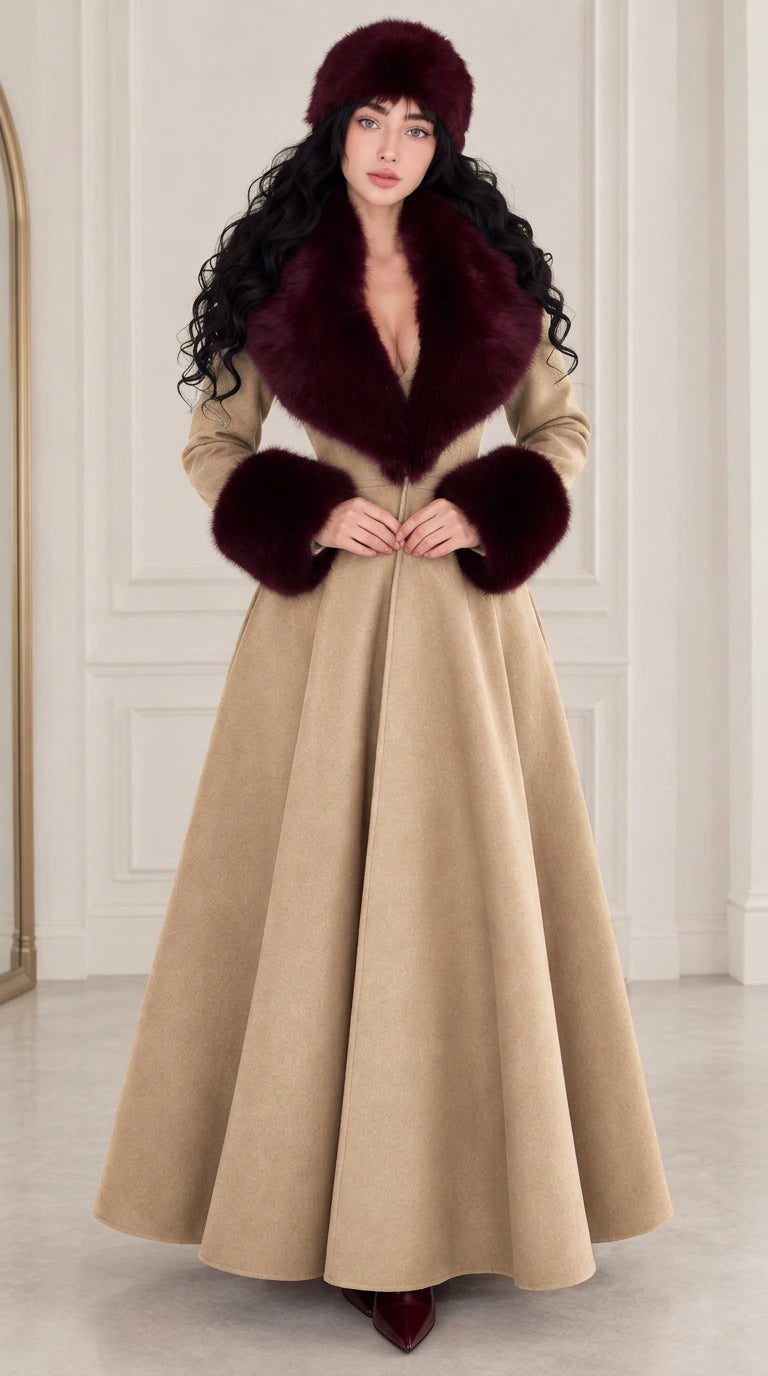 Front view of woman wearing camel beige maxi swing coat with burgundy faux fur trim