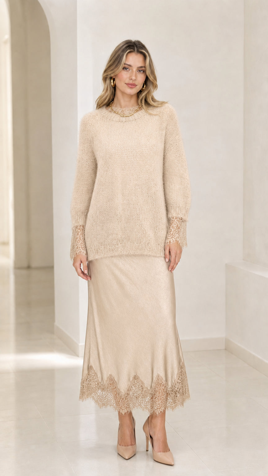Champagne beige fuzzy sweater and lace hem satin skirt set