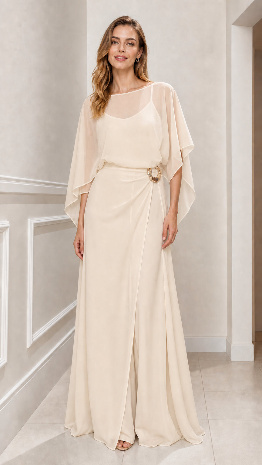Champagne beige chiffon cape formal maxi dress front view
