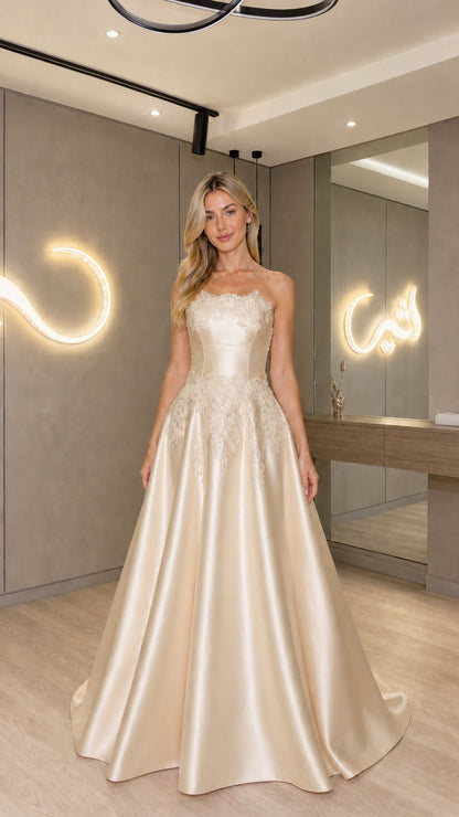 Champagne gold strapless lace appliqué satin formal gown