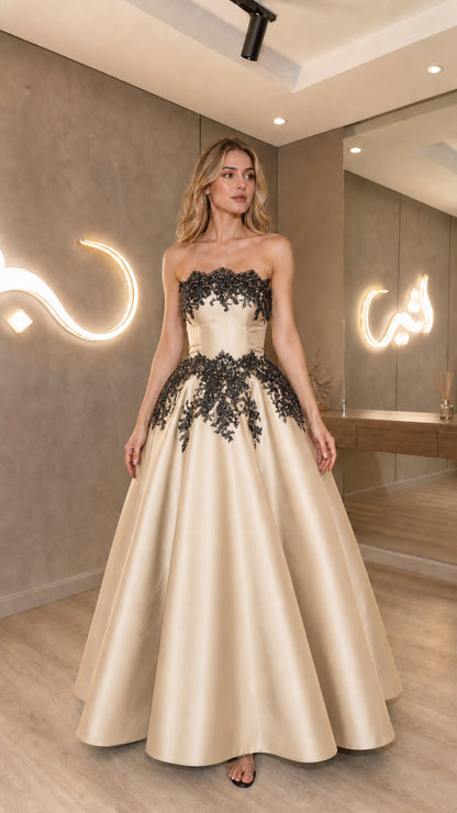Champagne strapless satin evening dress with contrasting black lace
