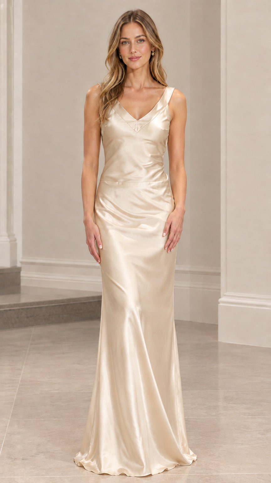 Front view of model wearing champagne satin floor-length dress