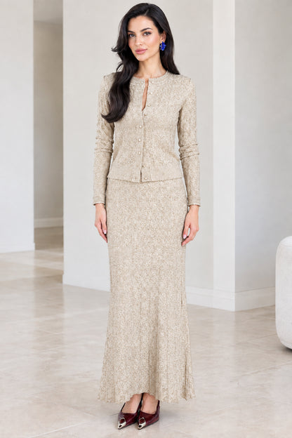 Front full-length view of champagne beige textured knit cardigan and maxi skirt set