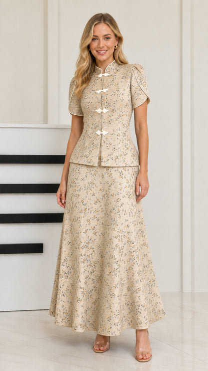 Beige floral print Mandarin collar two-piece maxi set