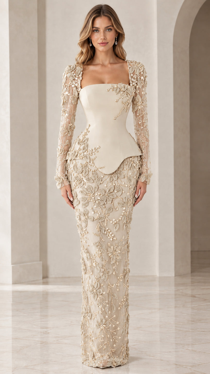 Champagne gold elegant square neck evening gown with embellished floral lace and peplum waist
