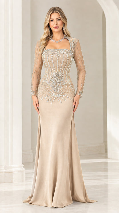 Front full-length view of champagne beige long sleeve embellished mermaid dress