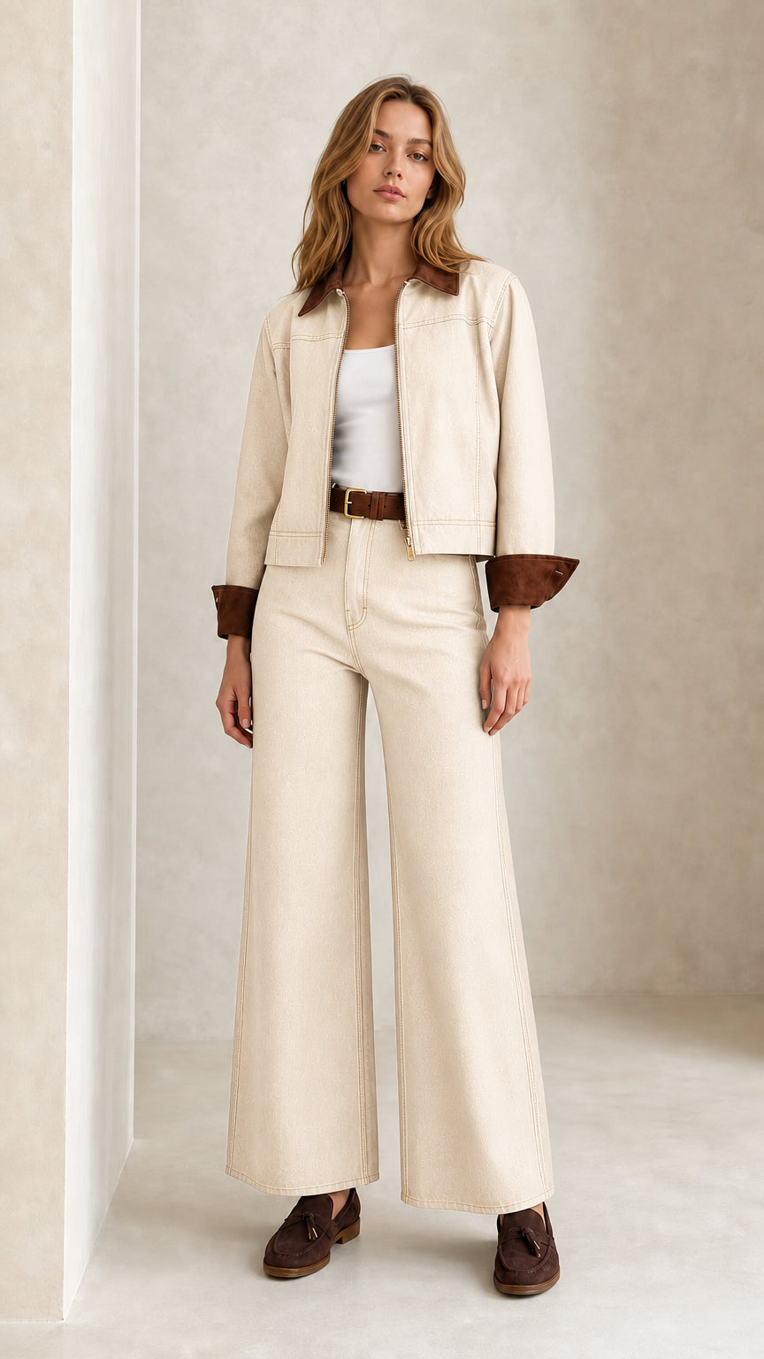 Model wearing Cream denim jacket and wide leg trousers set
