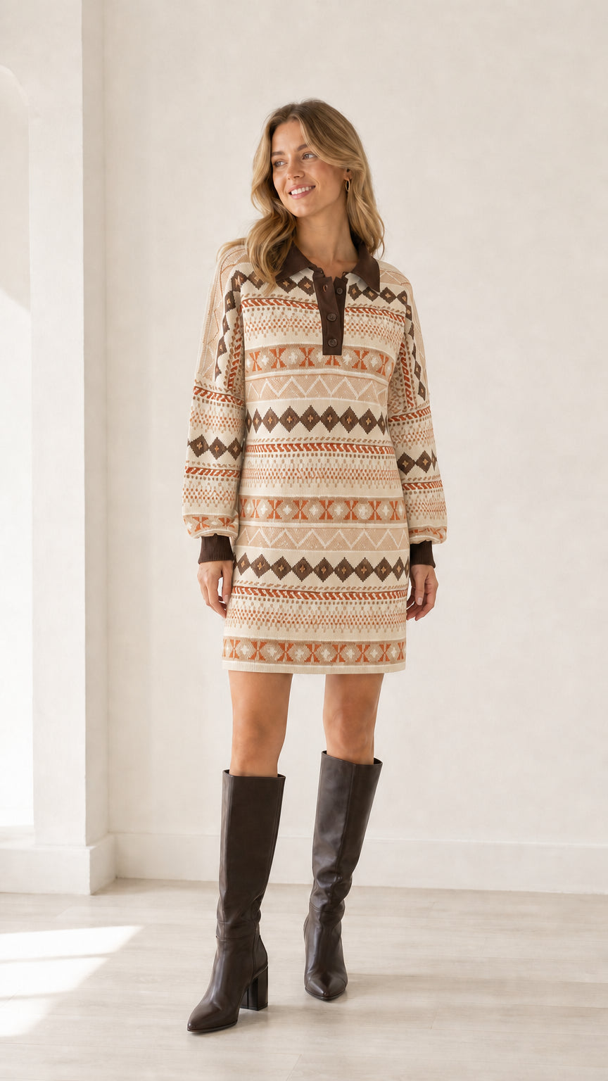 Model wearing beige cream geometric pattern long sleeve polo knit sweater dress