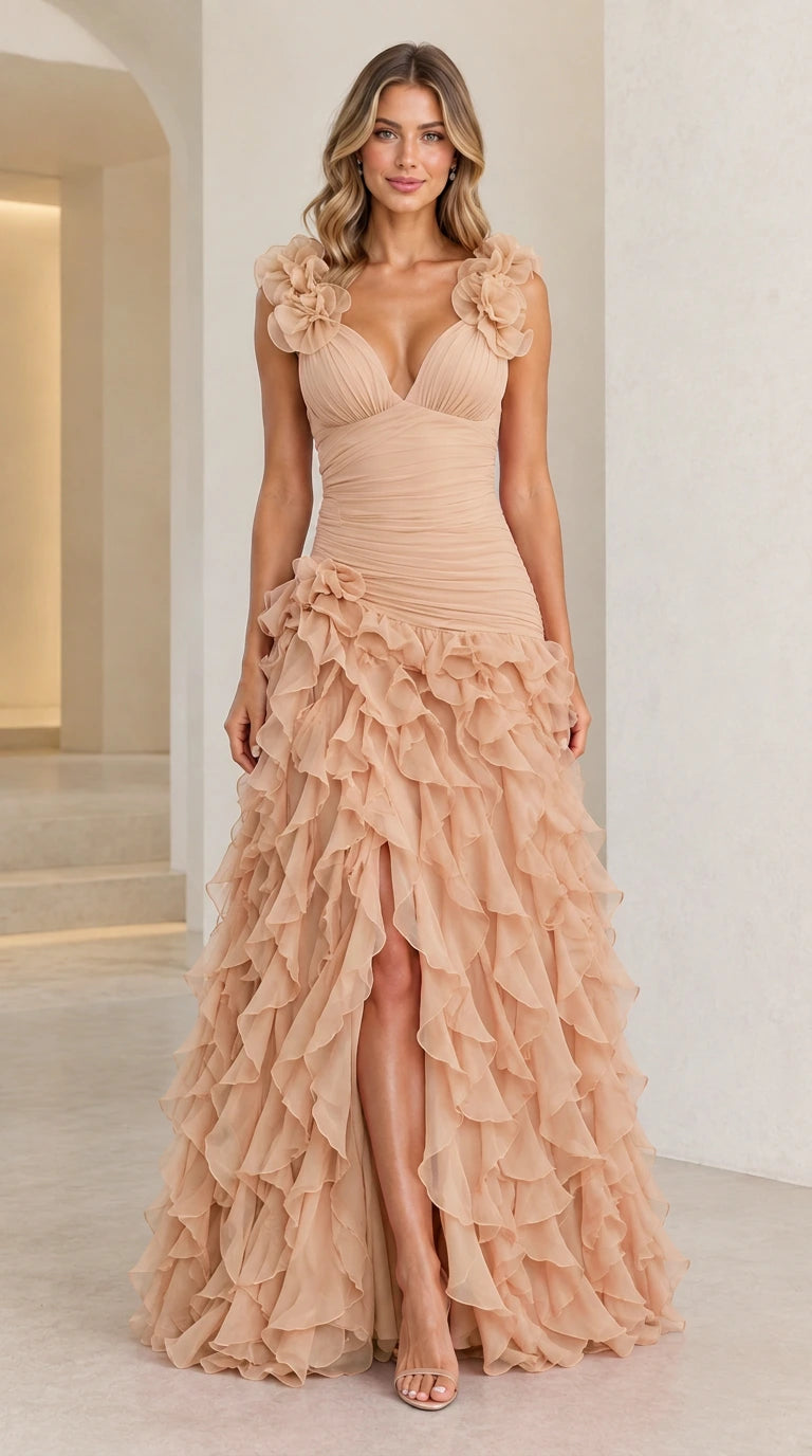 Front view of woman wearing Champagne tiered ruffle slit maxi dress