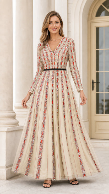Full length view of Champagne beige embellished long sleeve tulle evening gown