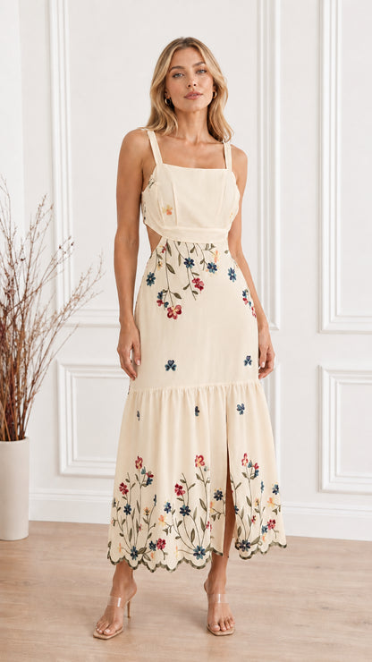 Front view of Cream Floral Embroidered Cutout Square Neck Maxi Dress
