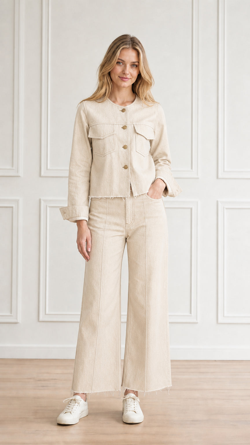 Model wearing cream off-white denim two-piece jacket and pants set