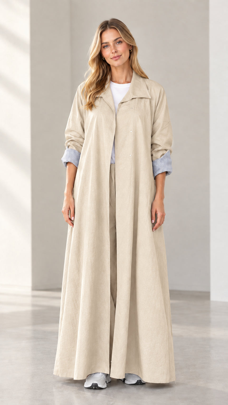 Full-length front view of woman modeling neutral beige floor-length trench duster coat