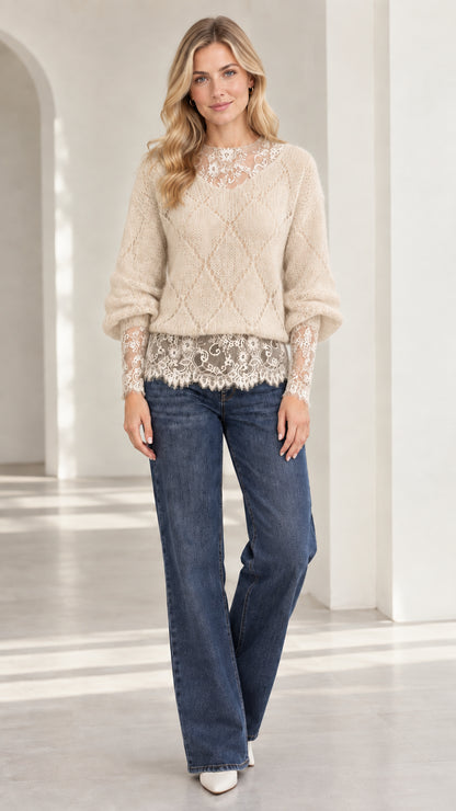 Model wearing beige cream diamond knit sweater with lace trim detailing
