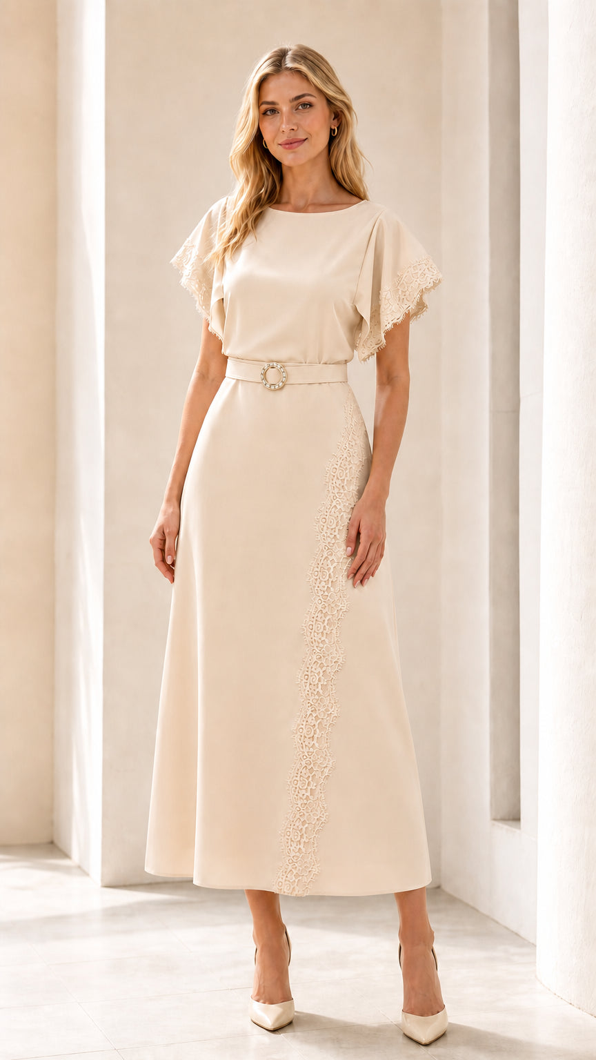 Front view of beige lace-trimmed midi dress
