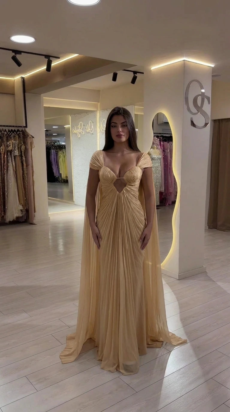 Front view of Champagne Gold pleated sweetheart evening dress