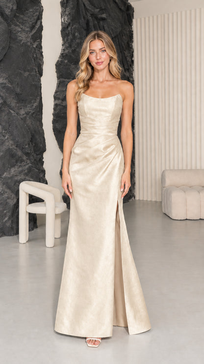 Full-length front view of woman wearing Champagne strapless satin evening gown