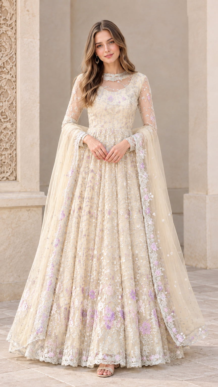 Champagne cream embroidered A-line floor-length evening gown with dupatta