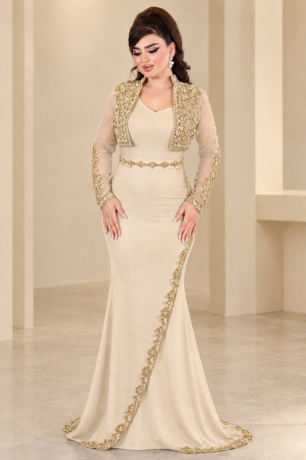 Champagne beige floor-length evening gown set with metallic gold embroidery