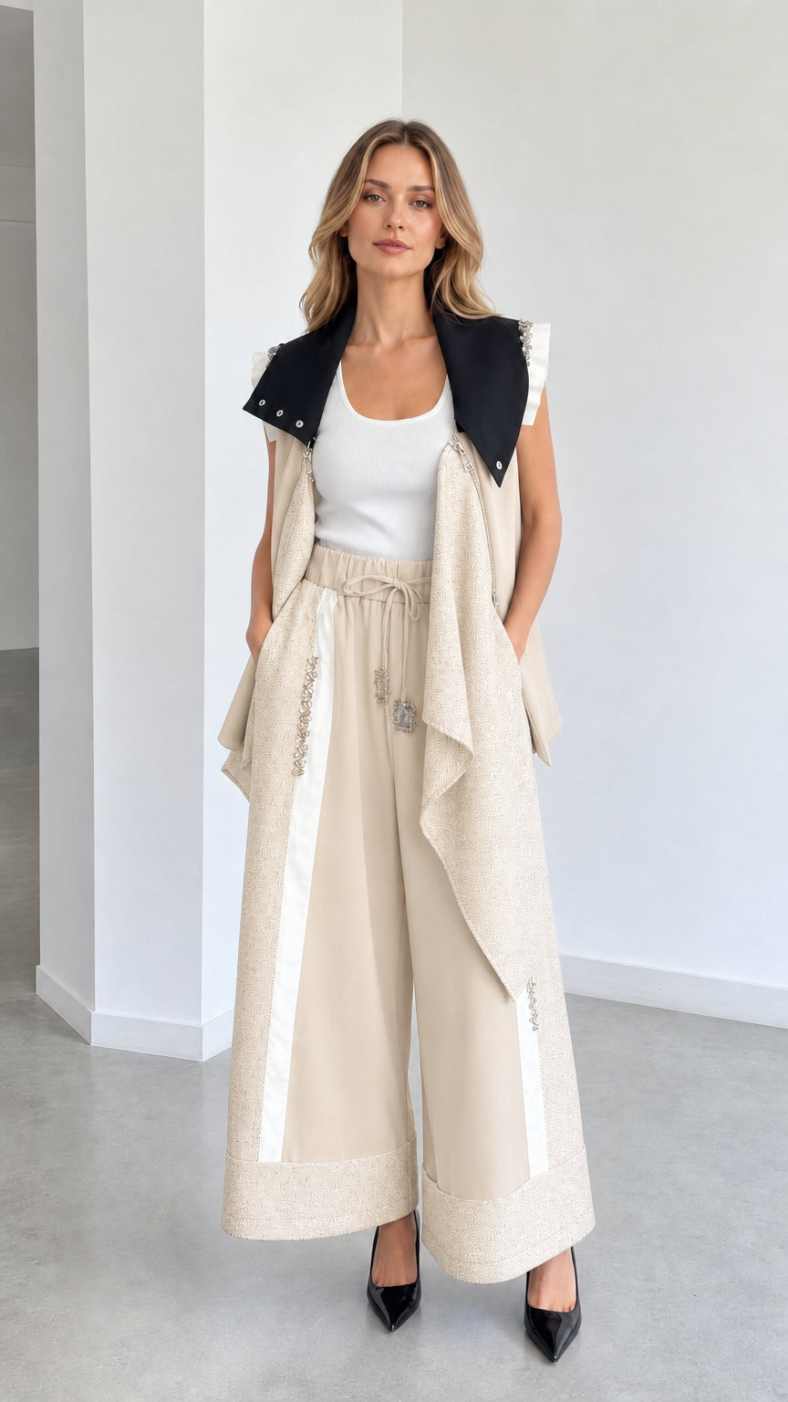 Beige cream and black contrast sleeveless vest and wide-leg pant set