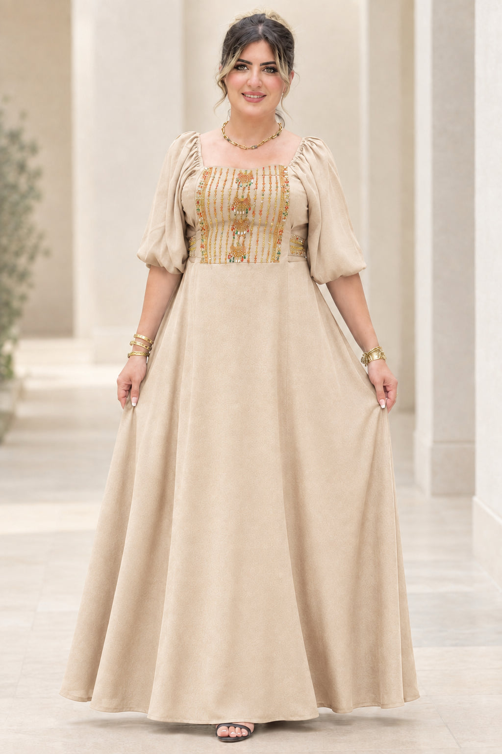 Front view of beige champagne embroidered square neck puff sleeve maxi dress