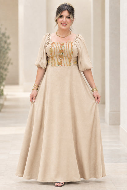 Front view of beige champagne embroidered square neck puff sleeve maxi dress
