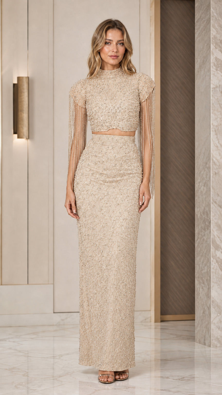 Champagne Beaded Fringe Sleeve Two-Piece Maxi Dress Set