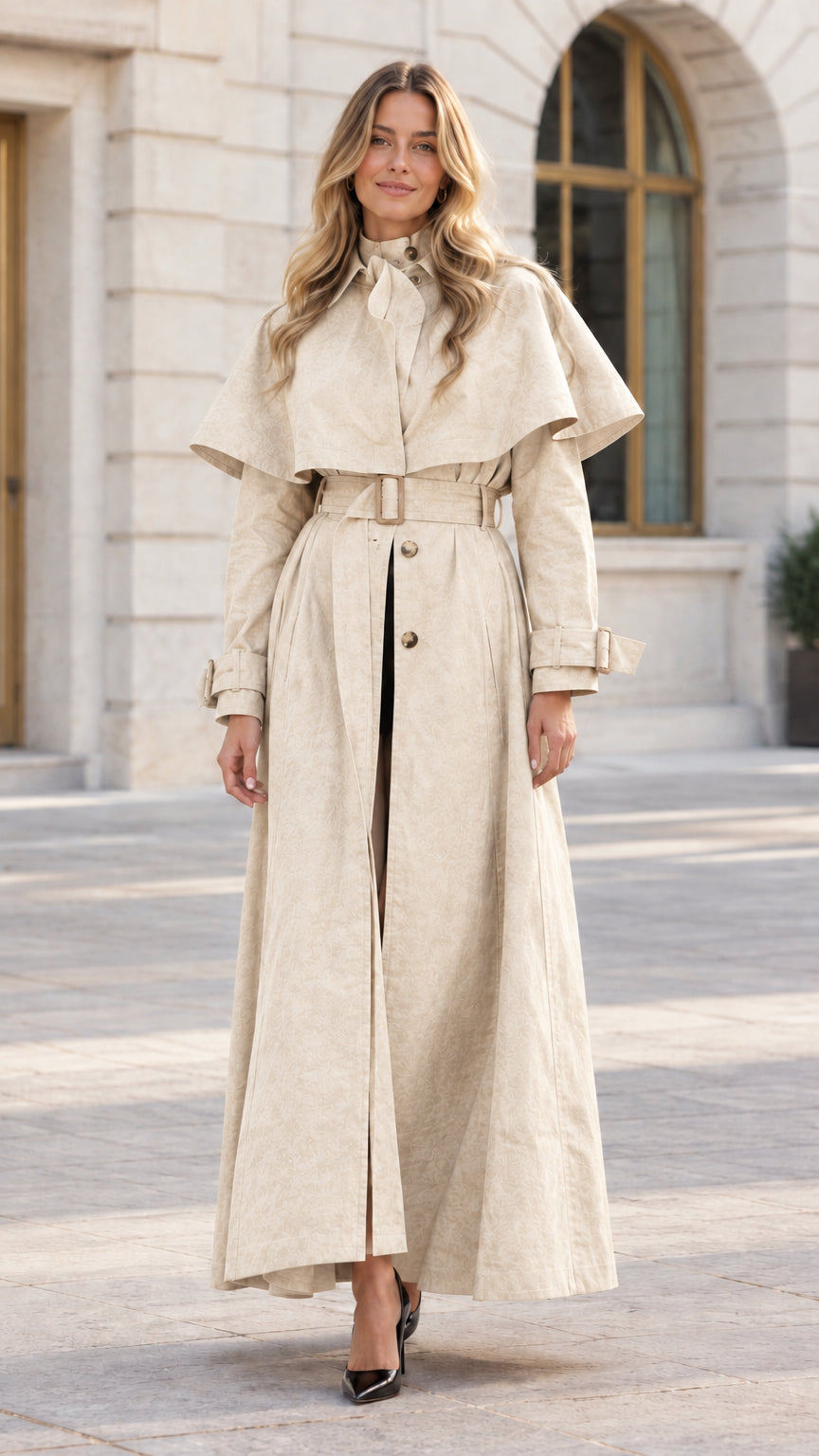 Full-length front view of model wearing Cream Maxi Cape Trench Coat