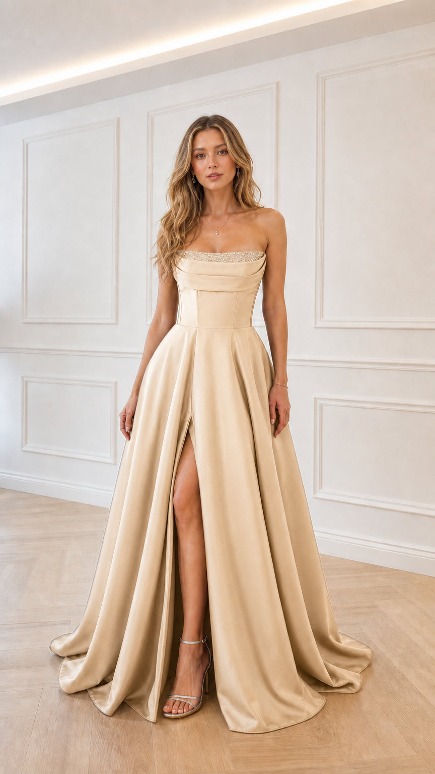 Model wearing champagne satin strapless evening gown