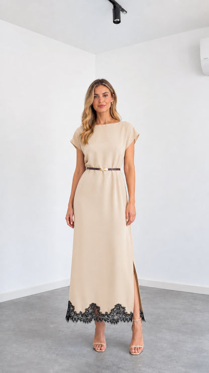 Front view of beige cream cap sleeve belted column maxi dress with black lace hem
