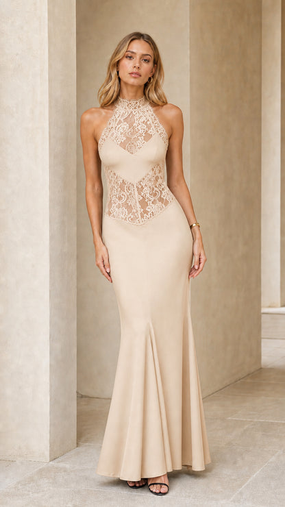 Model wearing Champagne halter neck evening dress