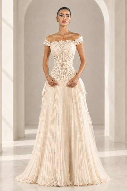 Front view of Champagne off-the-shoulder pleated formal evening dress