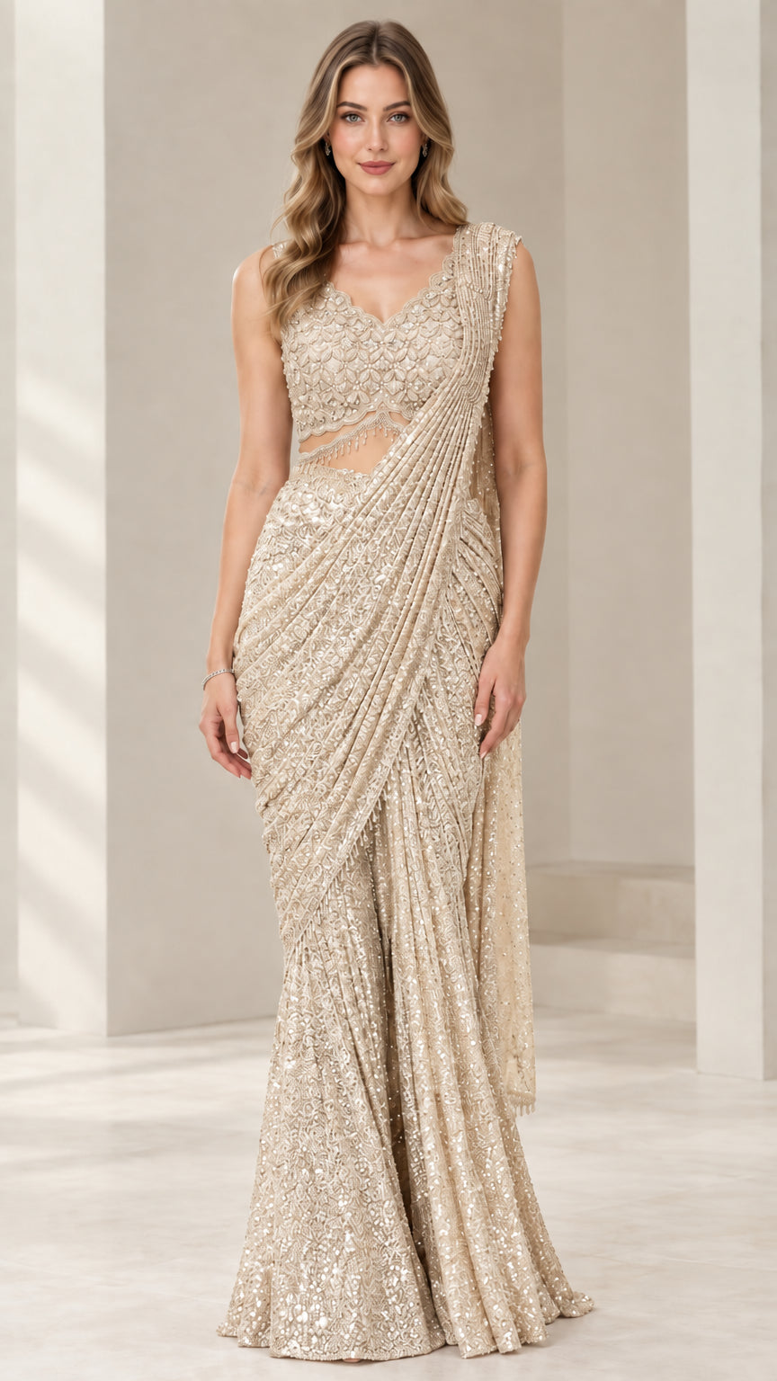 Champagne gold sequin pre-draped saree gown front view
