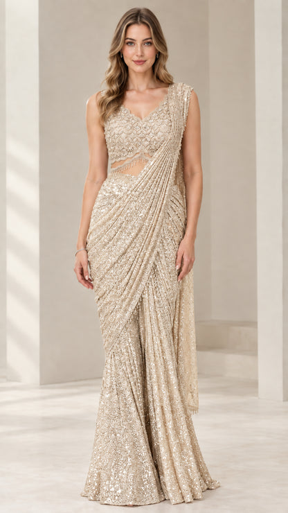Champagne gold sequin pre-draped saree gown front view
