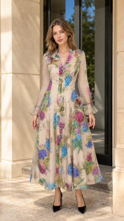 Full front view of model wearing champagne beige floral print long sleeve maxi dress