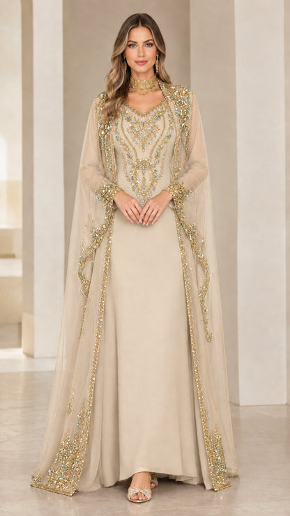 Full-length front view of champagne gold embellished cape evening maxi dress
