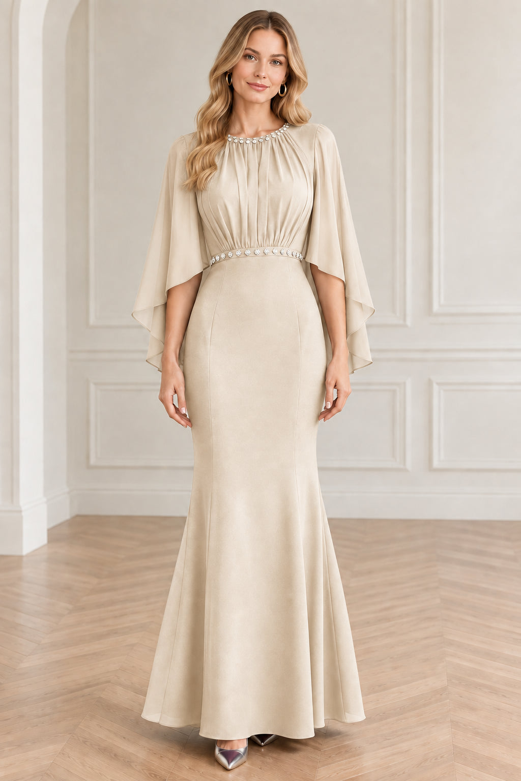 Champagne beige cape sleeve formal evening dress